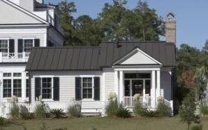 White house with black roof James Hardie siding